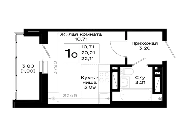 Студия 22.1 м²