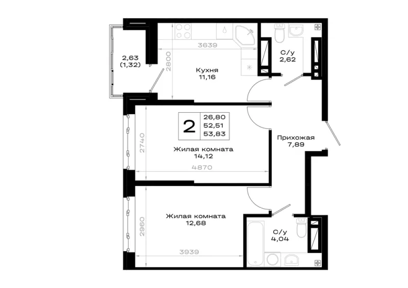 2-комн. 53.8 м²
