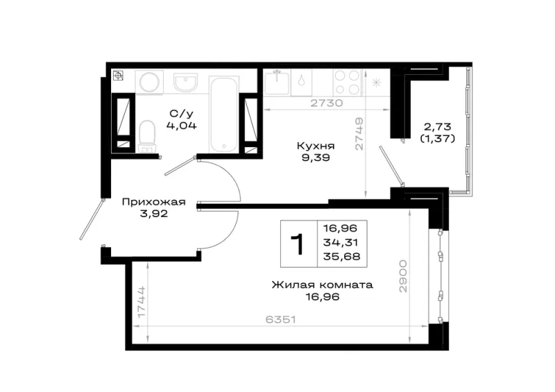 1-комн. 35.7 м²