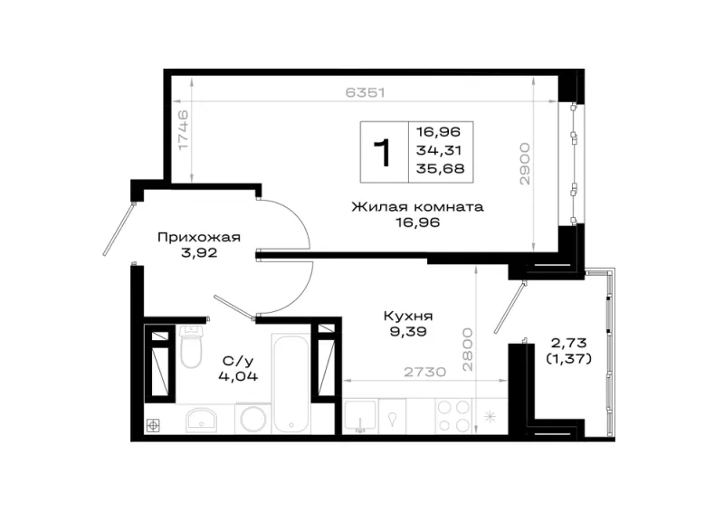 1-комн. 35.7 м²