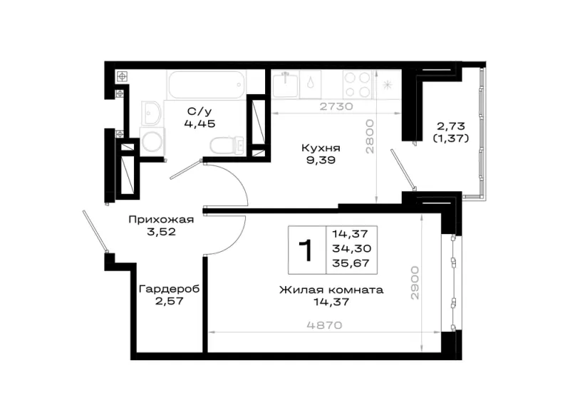 1-комн. 35.7 м²