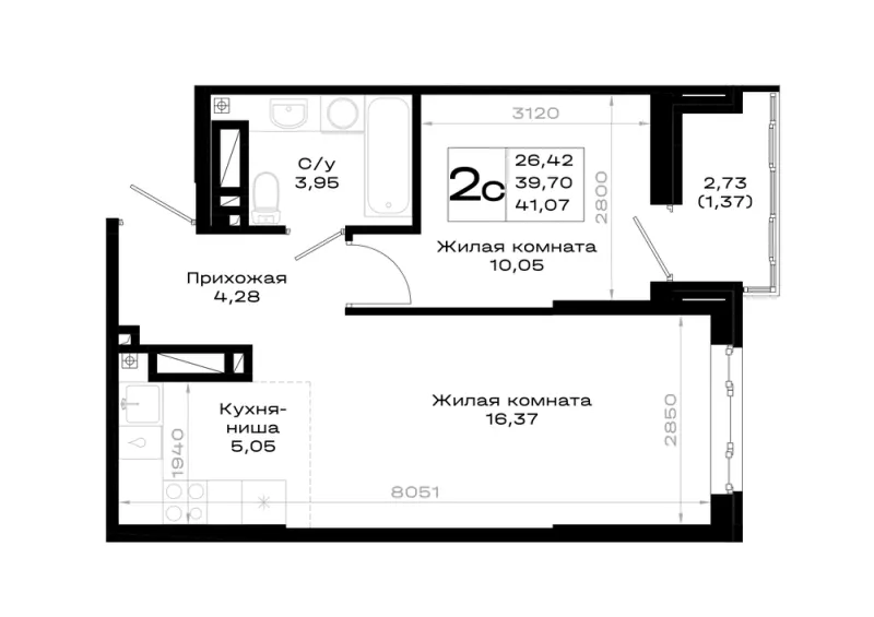 1-комн. 41.1 м²