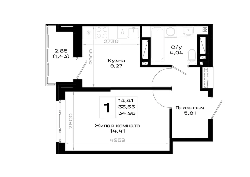 1-комн. 35 м²