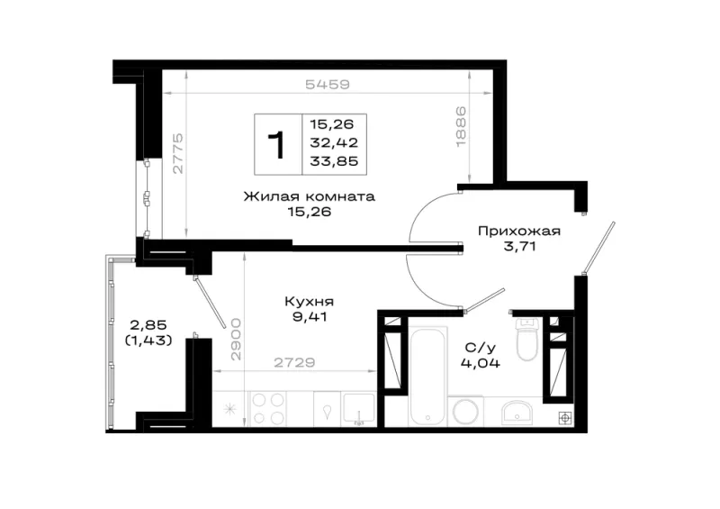 1-комн. 33.9 м²