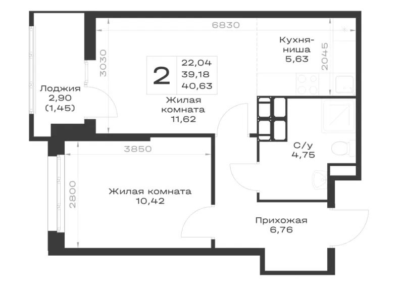 1-комн. 40.6 м²