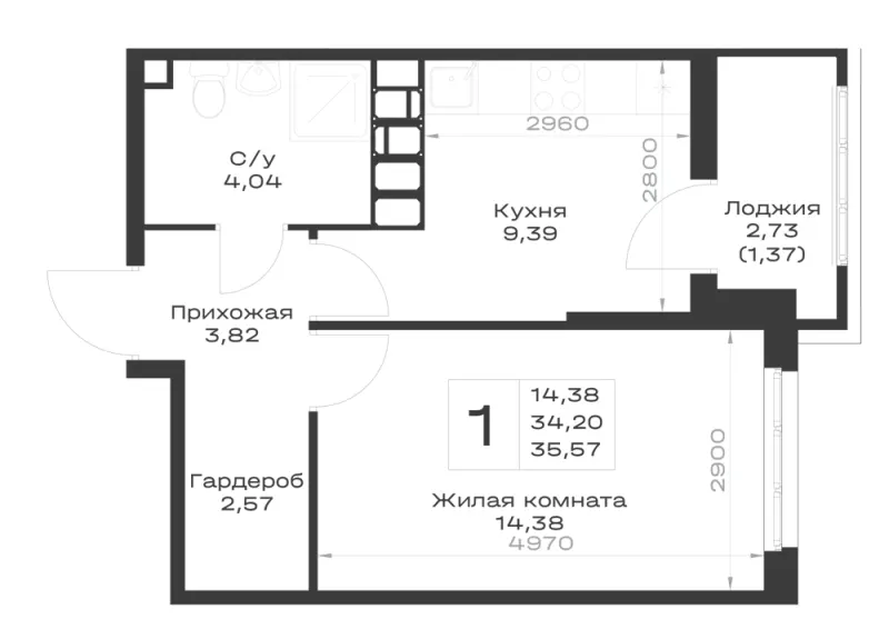 1-комн. 35.6 м²