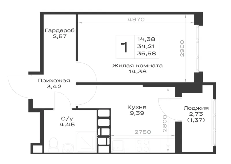 1-комн. 35.6 м²