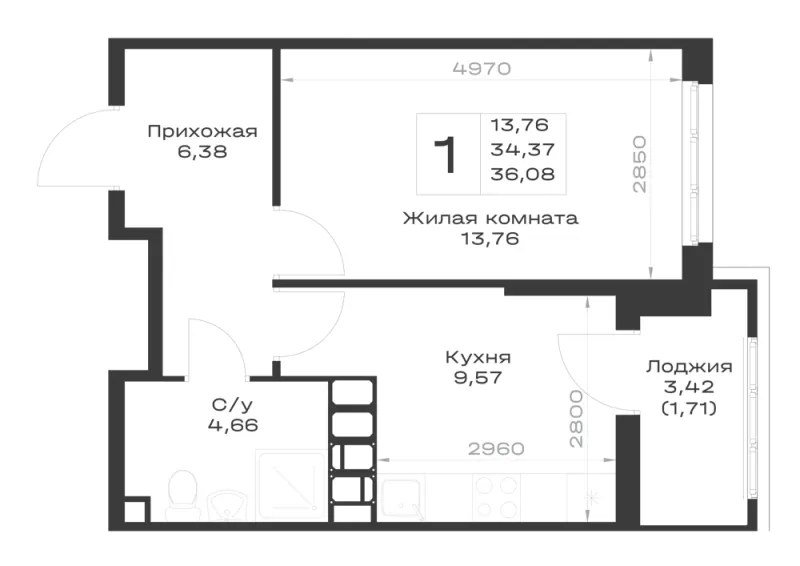 1-комн. 36.1 м²