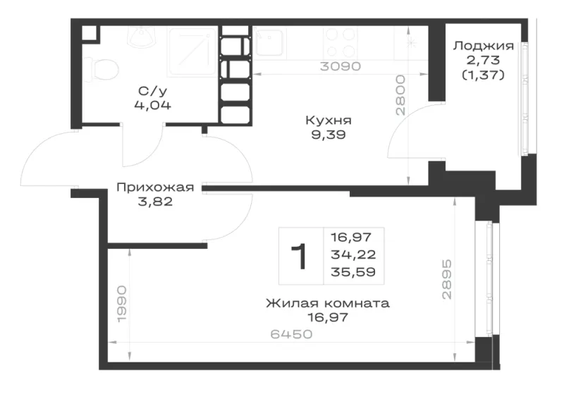 1-комн. 35.6 м²