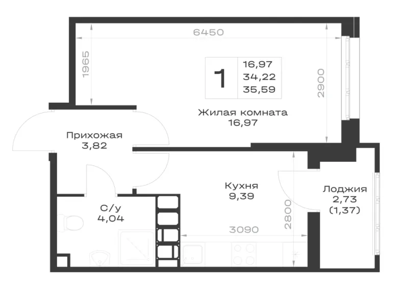1-комн. 35.6 м²
