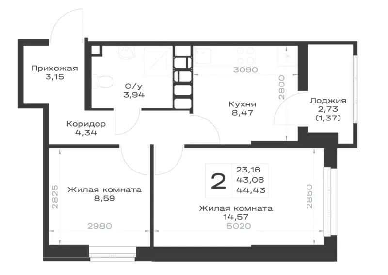2-комн. 44.4 м²