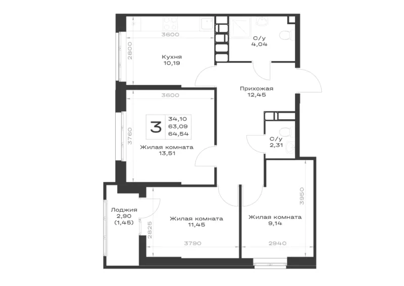 3-комн. 64.5 м²