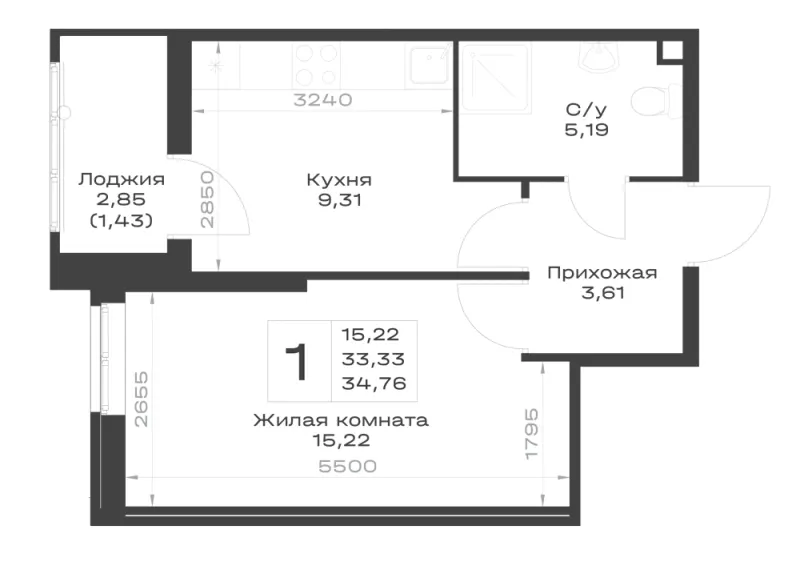 1-комн. 34.8 м²