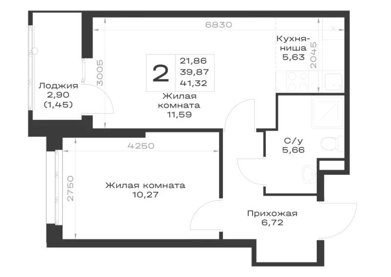 1-комн. 41.3 м²