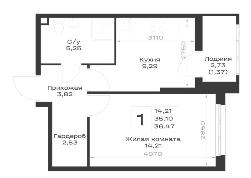 1-комн. 36.5 м²