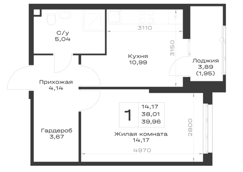 1-комн. 40 м²