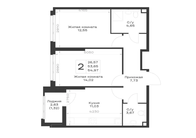 2-комн. 55 м²