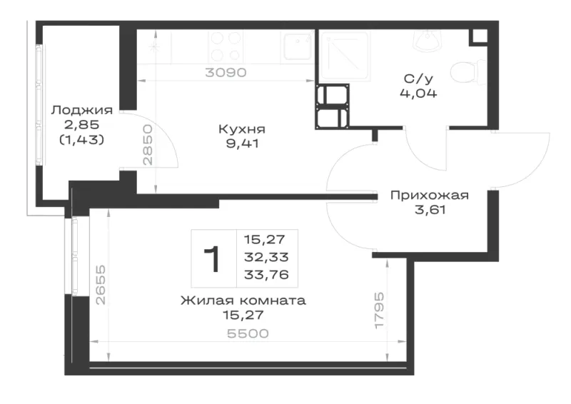 1-комн. 33.8 м²