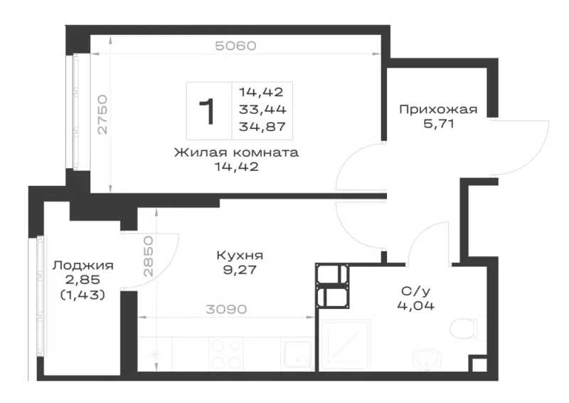 1-комн. 34.9 м²