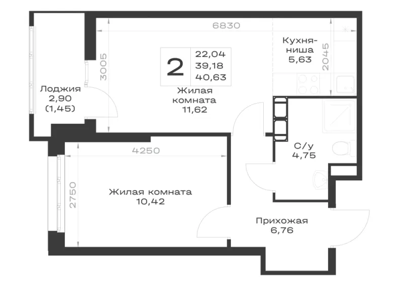 1-комн. 40.6 м²