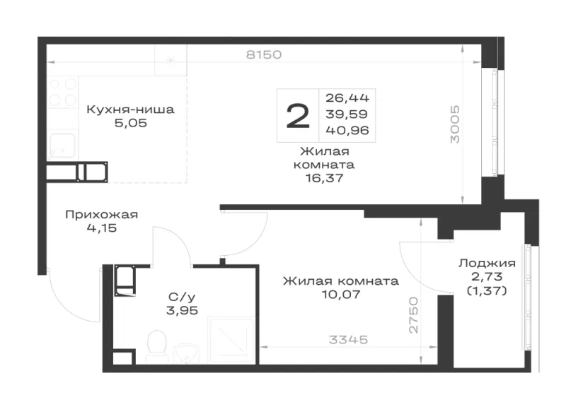 1-комн. 41 м²