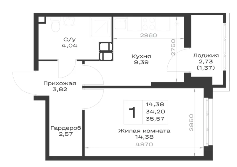 1-комн. 35.6 м²
