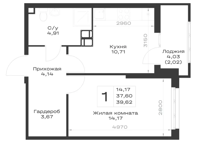 1-комн. 39.6 м²