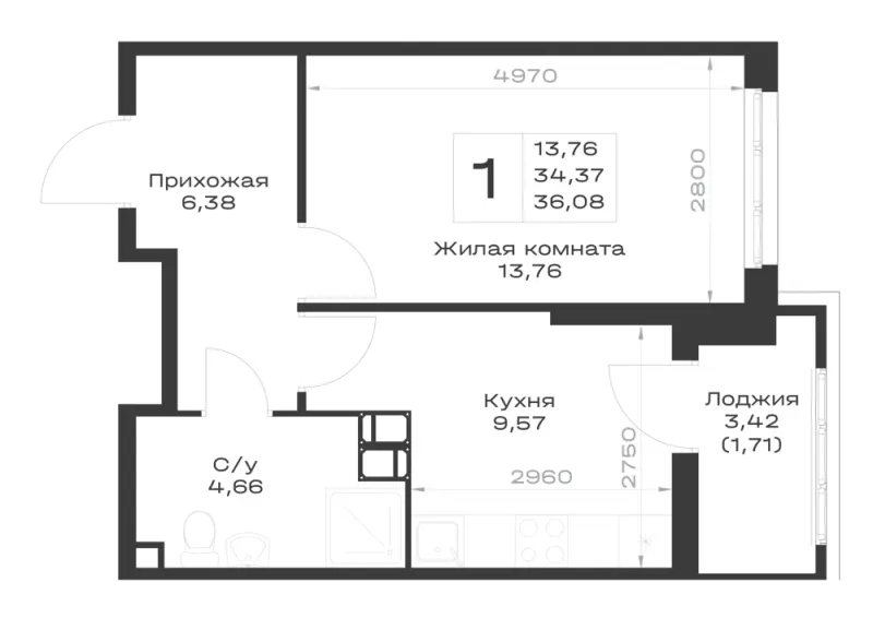 1-комн. 36.1 м²