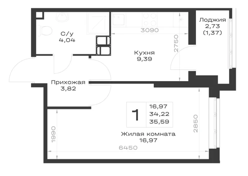 1-комн. 35.6 м²