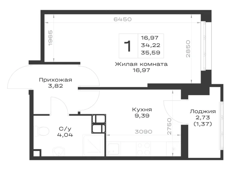 1-комн. 35.6 м²