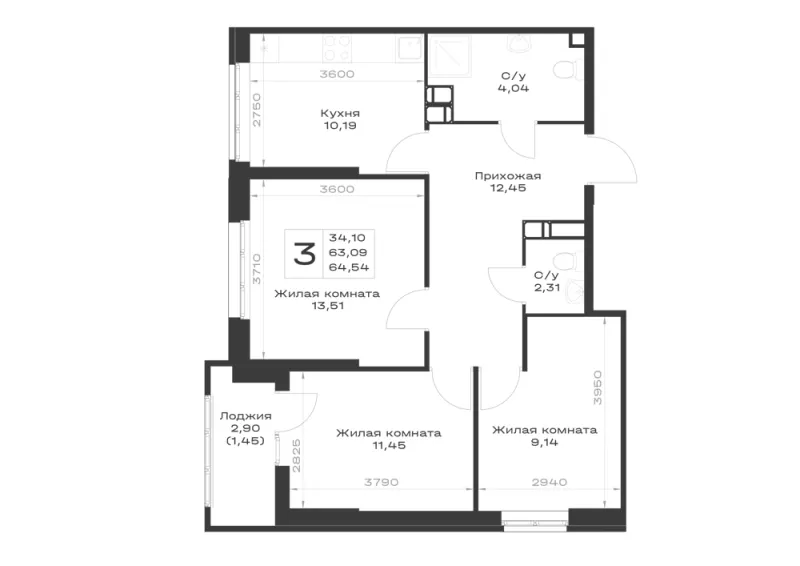 3-комн. 64.5 м²