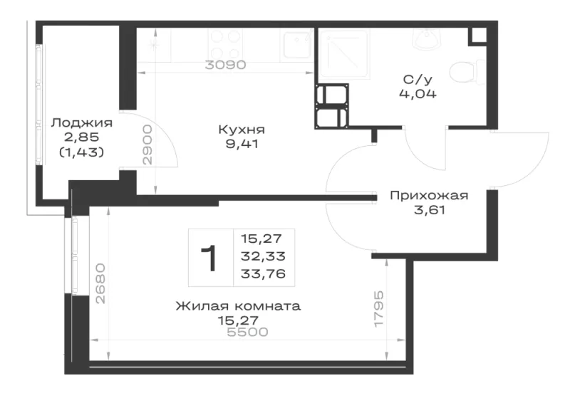 1-комн. 33.8 м²
