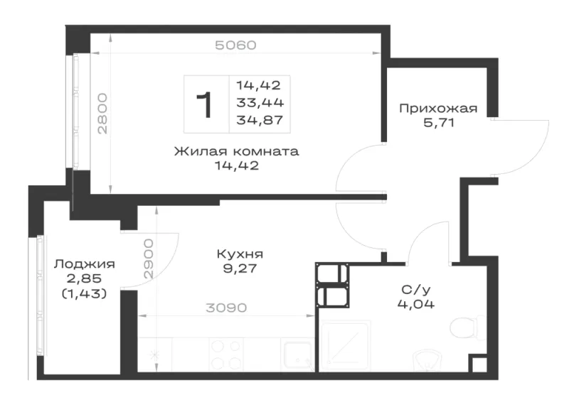 1-комн. 34.9 м²