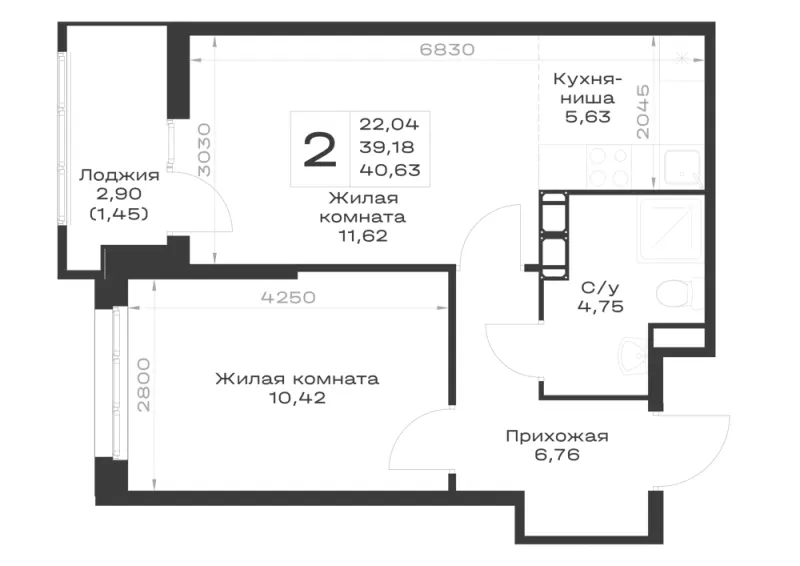 1-комн. 40.6 м²