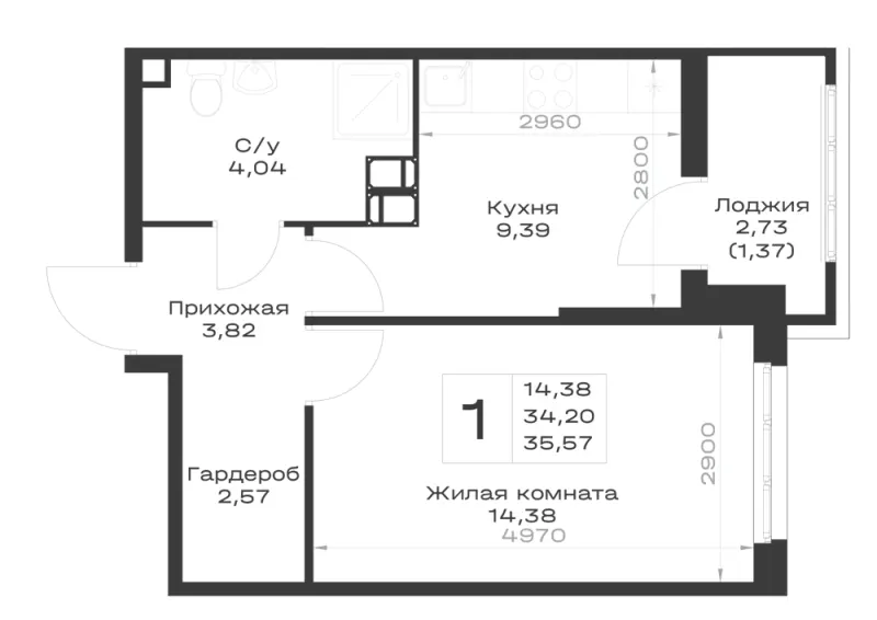 1-комн. 35.6 м²