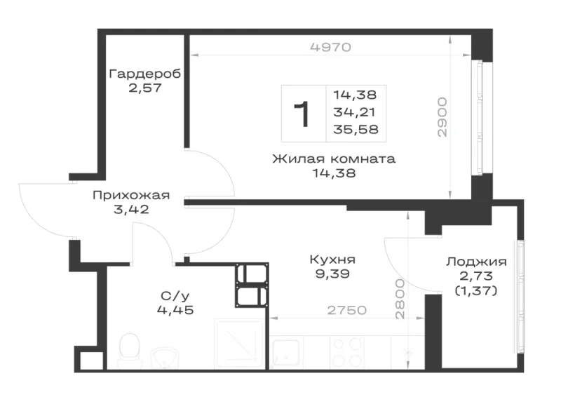 1-комн. 35.6 м²