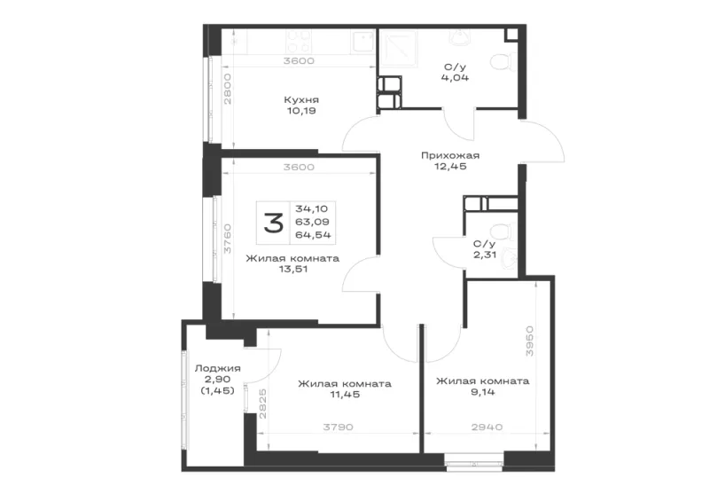 3-комн. 64.5 м²