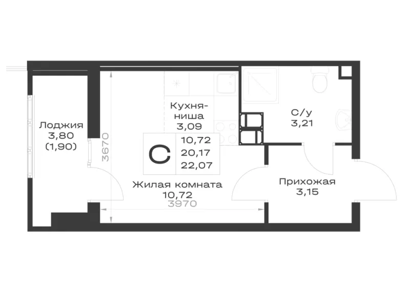 Студия 22.1 м²
