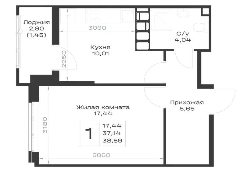 1-комн. 38.6 м²