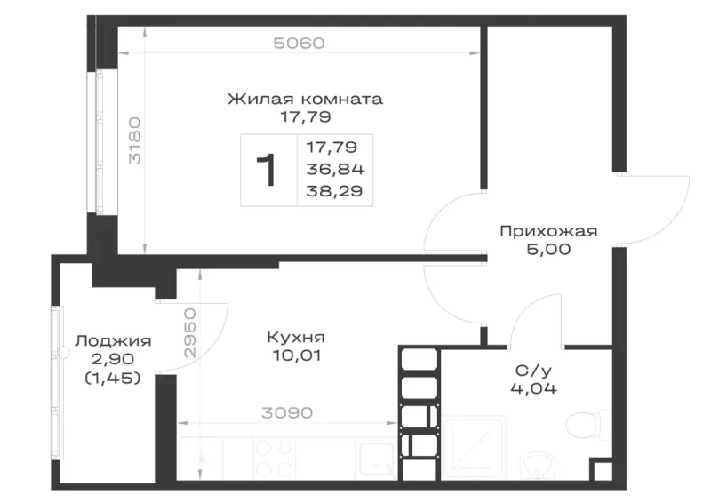 1-комн. 38.3 м²