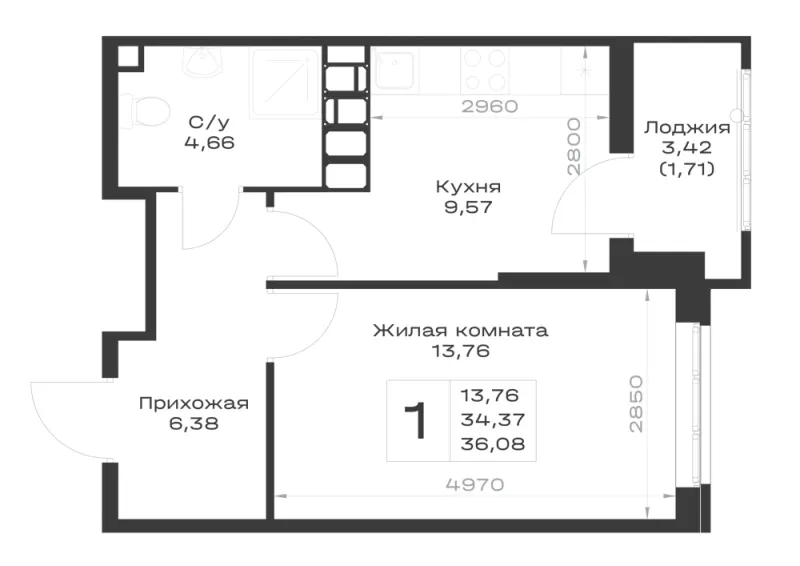 1-комн. 36.1 м²