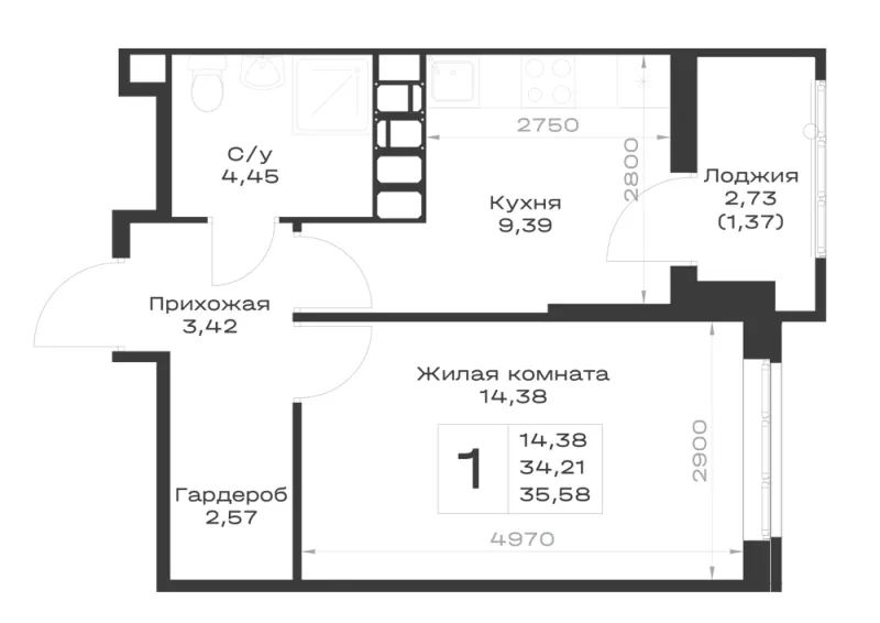 1-комн. 35.6 м²