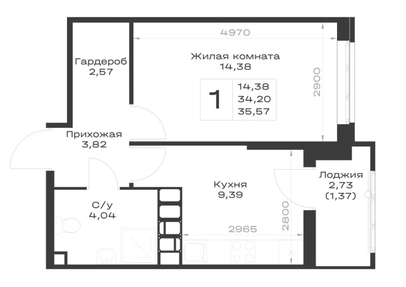 1-комн. 35.6 м²