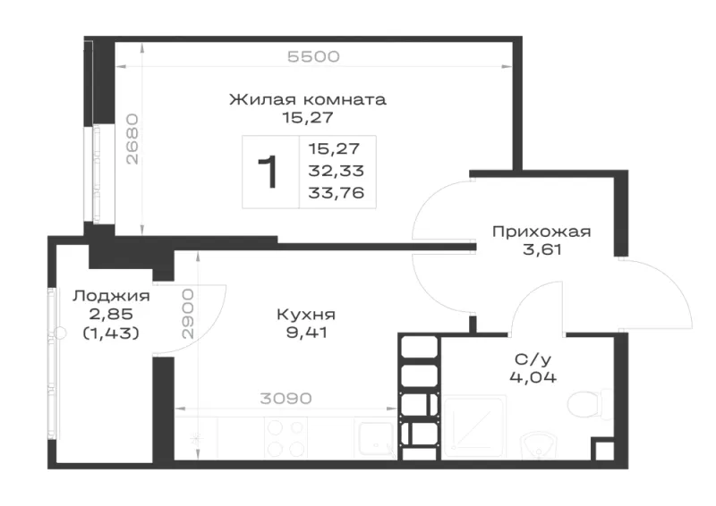 1-комн. 33.8 м²