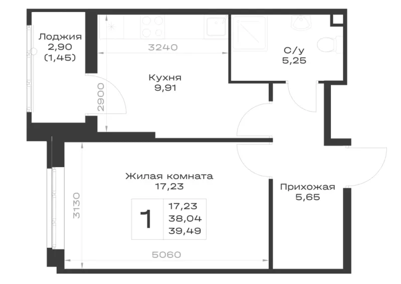 1-комн. 39.5 м²