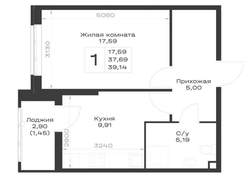 1-комн. 39.1 м²