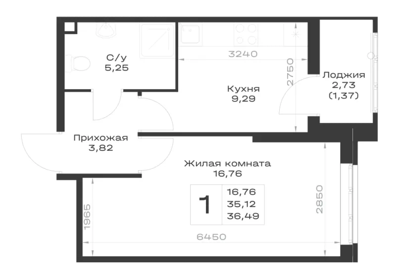 1-комн. 36.5 м²