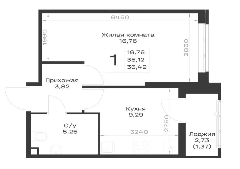 1-комн. 36.5 м²