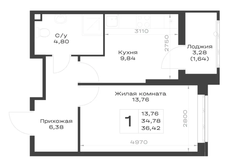 1-комн. 36.4 м²