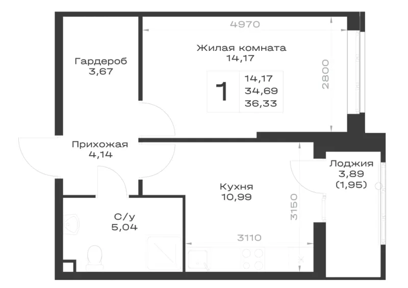 1-комн. 40 м²